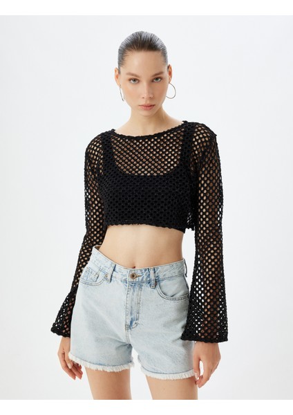 Crop Ajurlu Örme T-Shirt Uzun Kollu Bisiklet Yaka Sim Görünümlü modelleri