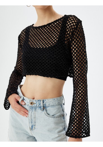 Crop Ajurlu Örme T-Shirt Uzun Kollu Bisiklet Yaka Sim Görünümlü indirimleri