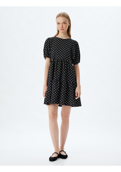 Balon Kol Elbise Mini Puantiyeli Katlı Bisiklet Yaka modelleri