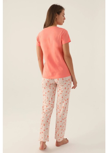 Sıfır Yaka Baskılı Viskon Günlük Bayan Pijama Takım
