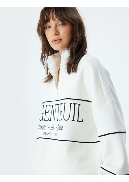 Oversize Sweatshirt Yarım Fermuarlı Dik Yaka Baskılı Üç Iplik Şardonlu fiyatları