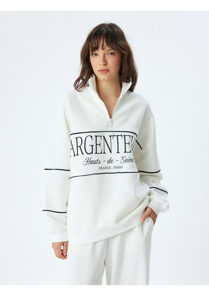 Oversize Sweatshirt Yarım Fermuarlı Dik Yaka Baskılı Üç Iplik Şardonlu modelleri