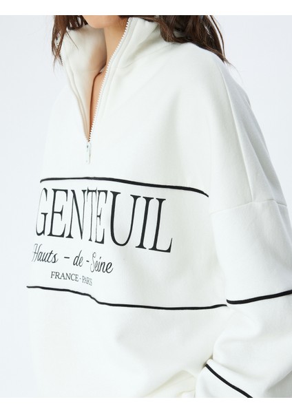 Oversize Sweatshirt Yarım Fermuarlı Dik Yaka Baskılı Üç Iplik Şardonlu indirimleri