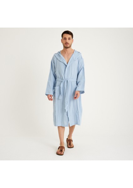 Pamuklu Kapüşonlu Uzun Erkek Müslin Bornoz Plaj