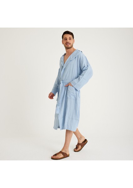Pamuklu Kapüşonlu Uzun Erkek Müslin Bornoz Plaj modelleri