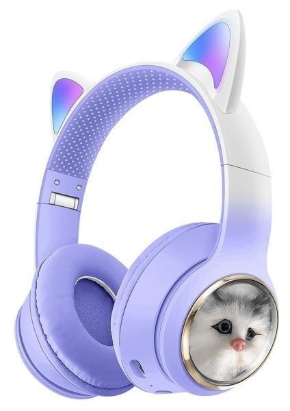 HD11 Mor Sevimli Kedi Karikatür Kulak LED Işıklı 5.3 Bluetooth Kulak Üstü Kulaklık