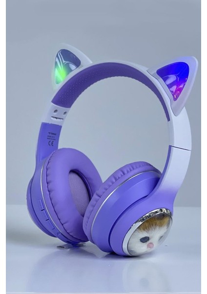 HD11 Mor Sevimli Kedi Karikatür Kulak LED Işıklı 5.3 Bluetooth Kulak Üstü Kulaklık
