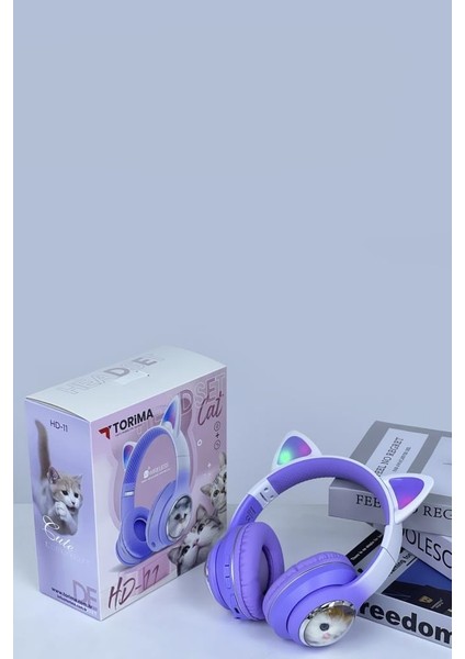 HD11 Mor Sevimli Kedi Karikatür Kulak LED Işıklı 5.3 Bluetooth Kulak Üstü Kulaklık