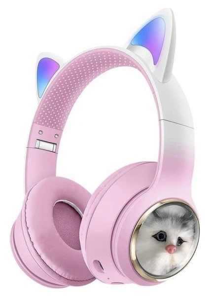 HD11 Pembe Sevimli Kedi Karikatür Kulak LED Işıklı 5.3 Bluetooth Kulak Üstü Kulaklık