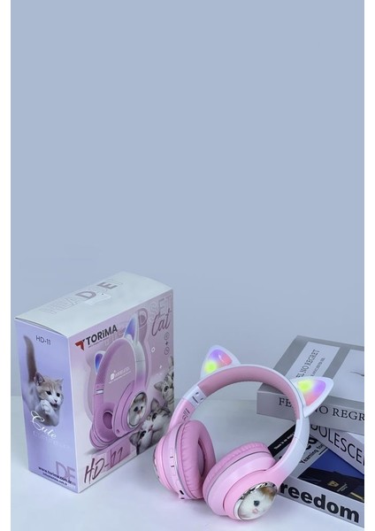 HD11 Pembe Sevimli Kedi Karikatür Kulak LED Işıklı 5.3 Bluetooth Kulak Üstü Kulaklık