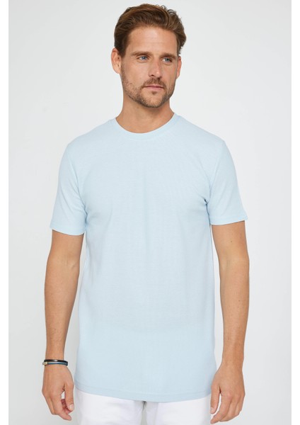 Erkek Slim Fit Dar Kesim %100 Pamuk Yumuşak Dokulu Desenli Mavi Bisiklet Yaka T-Shirt