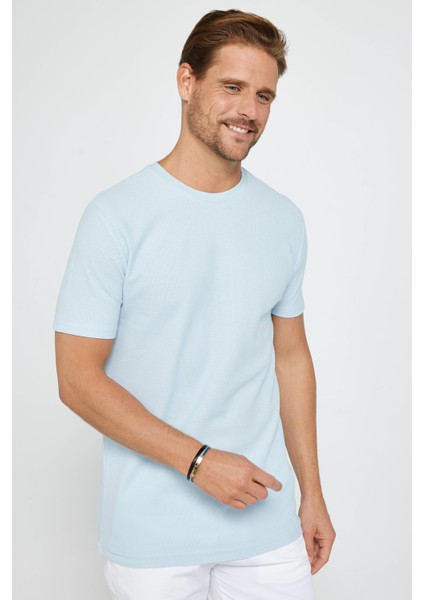 Erkek Slim Fit Dar Kesim %100 Pamuk Yumuşak Dokulu Desenli Mavi Bisiklet Yaka T-Shirt fiyatları