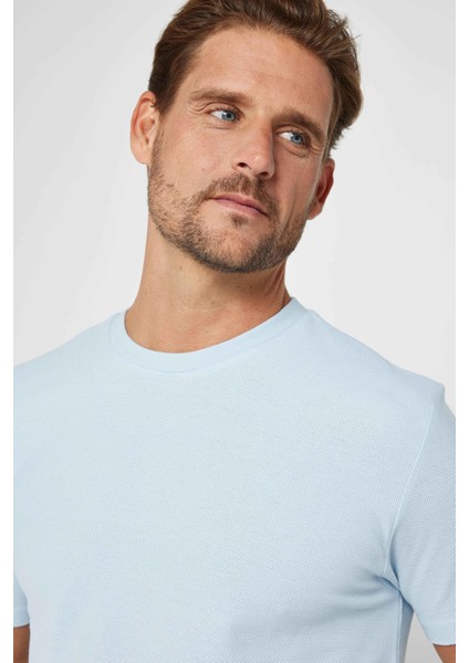 Erkek Slim Fit Dar Kesim %100 Pamuk Yumuşak Dokulu Desenli Mavi Bisiklet Yaka T-Shirt modelleri