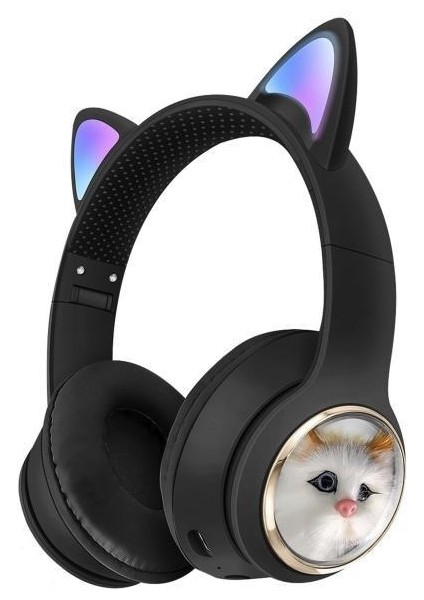 HD11 Siyah Sevimli Kedi Karikatür Kulak LED Işıklı 5.3 Bluetooth Kulak Üstü Kulaklık