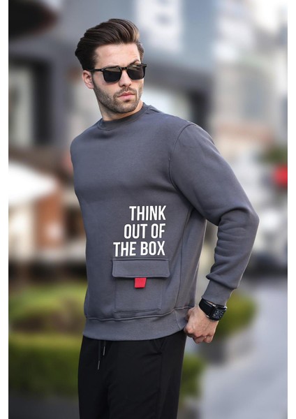 Füme Bisiklet Yaka Şardonlu Cep Detaylı Baskılı Erkek Sweatshirt 7061