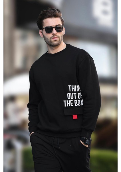 Siyah Bisiklet Yaka Şardonlu Cep Detaylı Baskılı Erkek Sweatshirt 7061