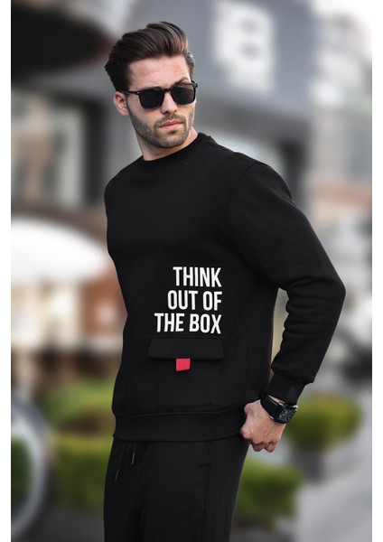 Siyah Bisiklet Yaka Şardonlu Cep Detaylı Baskılı Erkek Sweatshirt 7061 fiyatları