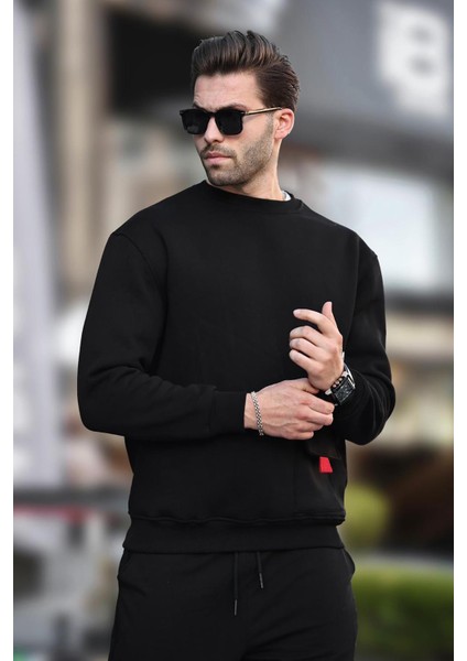 Siyah Bisiklet Yaka Şardonlu Cep Detaylı Baskılı Erkek Sweatshirt 7061 modelleri