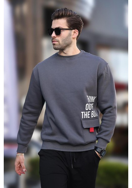 Füme Bisiklet Yaka Şardonlu Cep Detaylı Baskılı Erkek Sweatshirt 7061
