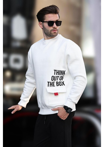 Ekru Bisiklet Yaka Şardonlu Cep Detaylı Baskılı Erkek Sweatshirt 7061