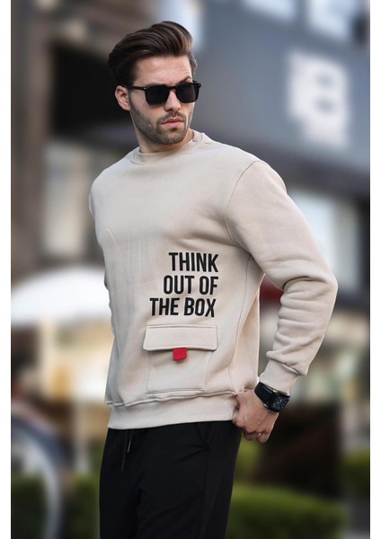 Bej Bisiklet Yaka Şardonlu Cep Detaylı Baskılı Erkek Sweatshirt 7061