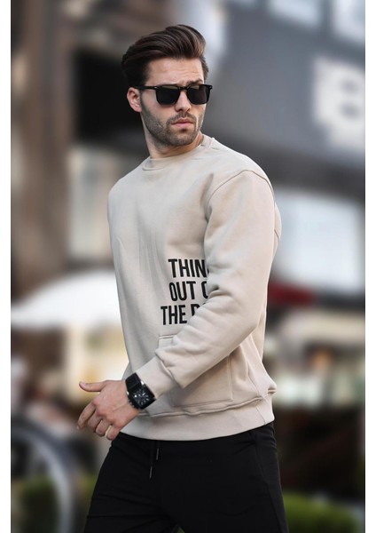 Bej Bisiklet Yaka Şardonlu Cep Detaylı Baskılı Erkek Sweatshirt 7061 fiyatları