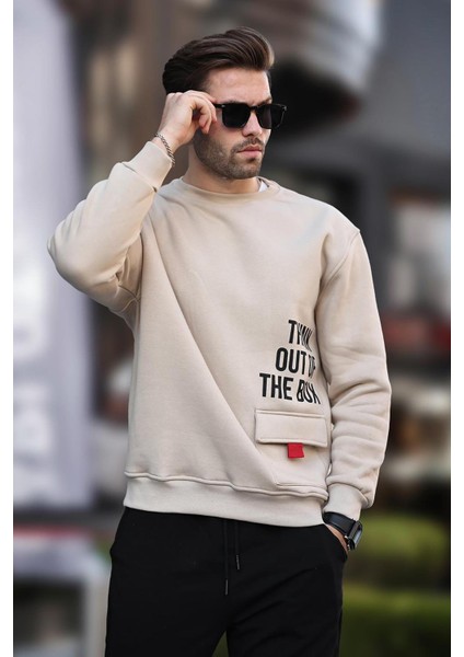 Bej Bisiklet Yaka Şardonlu Cep Detaylı Baskılı Erkek Sweatshirt 7061 modelleri