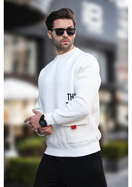 Ekru Bisiklet Yaka Şardonlu Cep Detaylı Baskılı Erkek Sweatshirt 7061