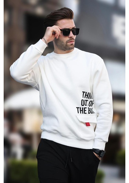 Ekru Bisiklet Yaka Şardonlu Cep Detaylı Baskılı Erkek Sweatshirt 7061