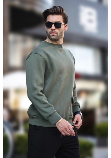 Haki Bisiklet Yaka Şardonlu Cep Detaylı Baskılı Erkek Sweatshirt 7061