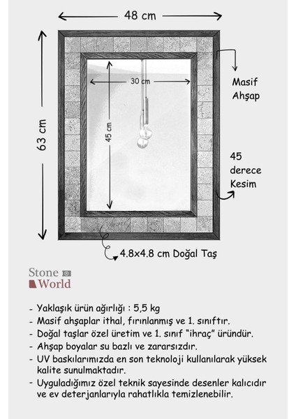 El Yapımı Masif Ahşap & Desenli Mermer Çerçeveli Duvar Aynası 48x63 cm - 007.1 modelleri