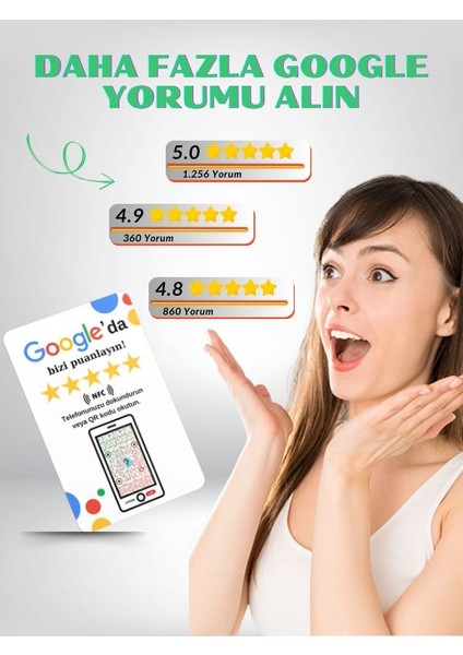 Google Işletme Yorum ve Puanlama Kartı - 5 Yıldız Yorum Toplar - Google Yorum Artırma Kartı Nfc ve Qr Kod Özellikli