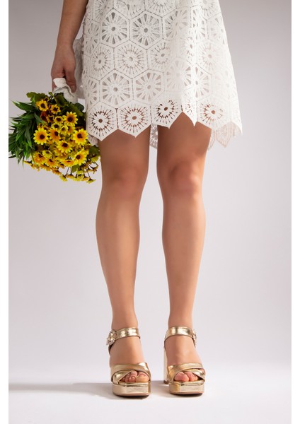 Jenna Kadın Abiye Platform Topuklu Ayakkabı Gold Kristal fırsatları