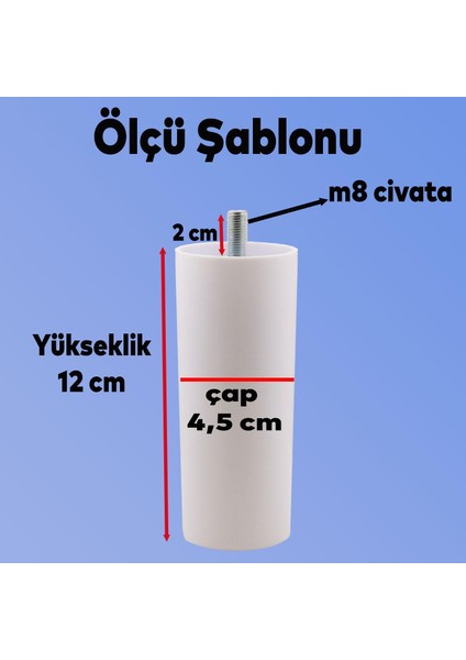 Mobilya Kanepe Koltuk Baza Yükseltici M8 Civatalı İnce Diş Destek Ayağı Beyaz 12 cm 8 Adet