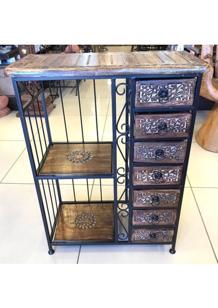 Ahşap Ferforje Oymalı Dresuar Etajer 7 Çekmeceli 60X29X80 Cm. fiyatları
