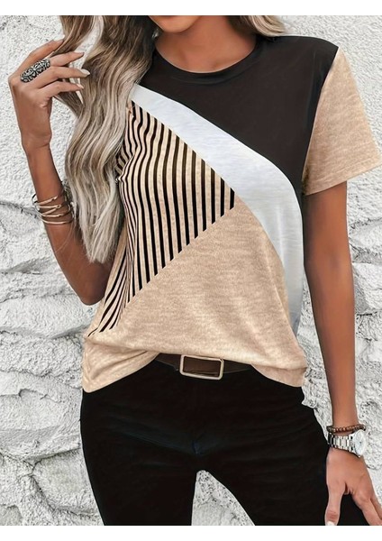 Kadın Kısa Kollu Blok Desen Süprem T-Shirt