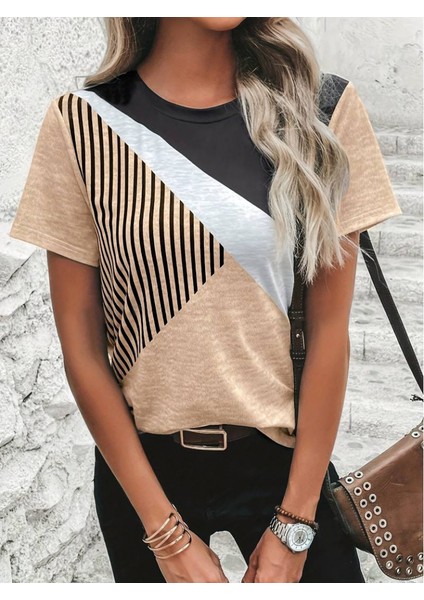 Kadın Kısa Kollu Blok Desen Süprem T-Shirt indirimleri