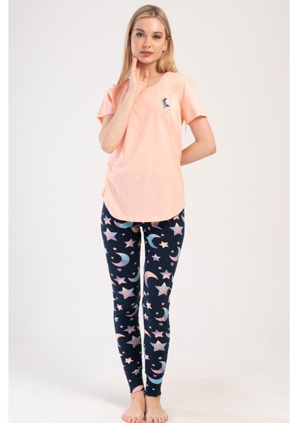 Pamuklu Kadın Kısa Kol Tayt Pijama Takım , 403276