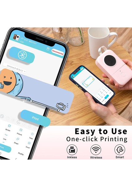 D30 Etiket Makinesi Kablosuz Taşınabilir Termal Bluetooth - USB Şarjlı Pembe
