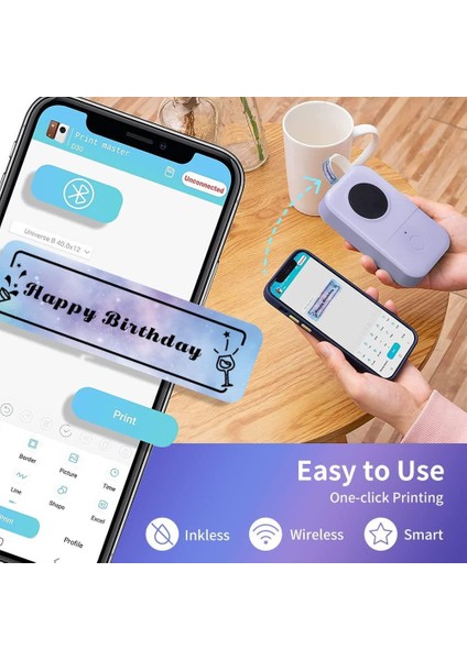 D30 Etiket Makinesi Kablosuz Taşınabilir Termal Bluetooth - USB Şarjlı Mor