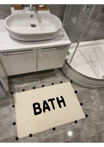 Bath Siyah Ponpon Detaylı Yazılı Banyo Paspası 90×57 fiyatları