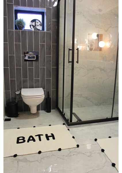 Bath Siyah Ponpon Detaylı Yazılı Banyo Paspası 90×57 modelleri