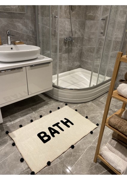 Bath Siyah Ponpon Detaylı Yazılı Banyo Paspası 90×57 fırsatları