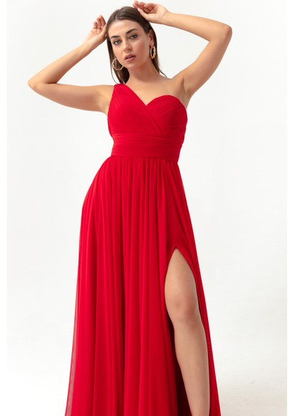 Kadın Kırmızı Tek Omuz Yırtmaçlı Uzun Abiye Elbise fiyatları