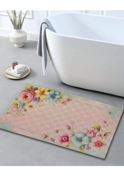 Çok Renkli Pudra Temalı Floral Çiçek Desenli Modern Dekoratif Banyo Paspası 90×60 Dijital Baskı