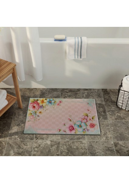 Çok Renkli Pudra Temalı Floral Çiçek Desenli Modern Dekoratif Banyo Paspası 90×60 Dijital Baskı fiyatları