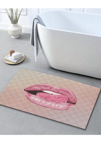 Pembe Temalı Dudak Desenli Modern Dekoratif Banyo Paspası 90×60 Dijital Baskı