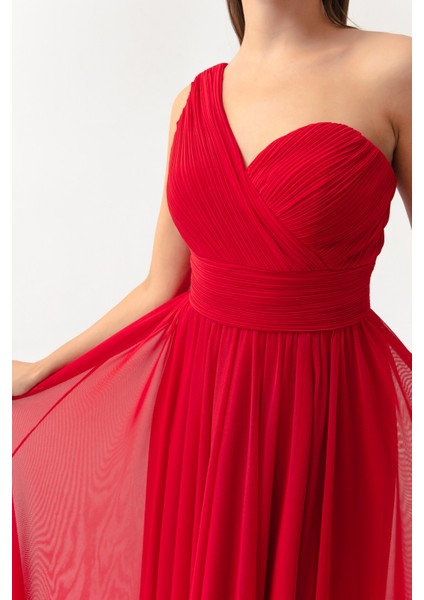 Kadın Kırmızı Tek Omuz Yırtmaçlı Uzun Abiye Elbise fırsatları