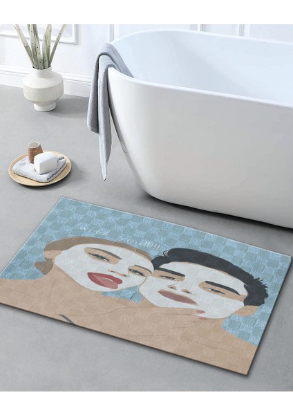 Mavi Bej Temalı Erkek ve Kadın Portre Desenli Modern Dekoratif Banyo Paspası 90×60 Dijital Baskı