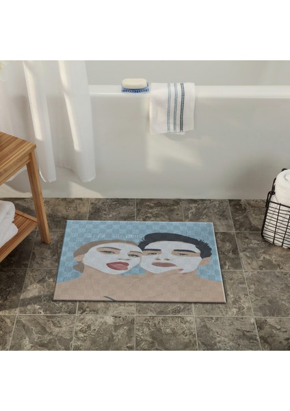Mavi Bej Temalı Erkek ve Kadın Portre Desenli Modern Dekoratif Banyo Paspası 90×60 Dijital Baskı fiyatları